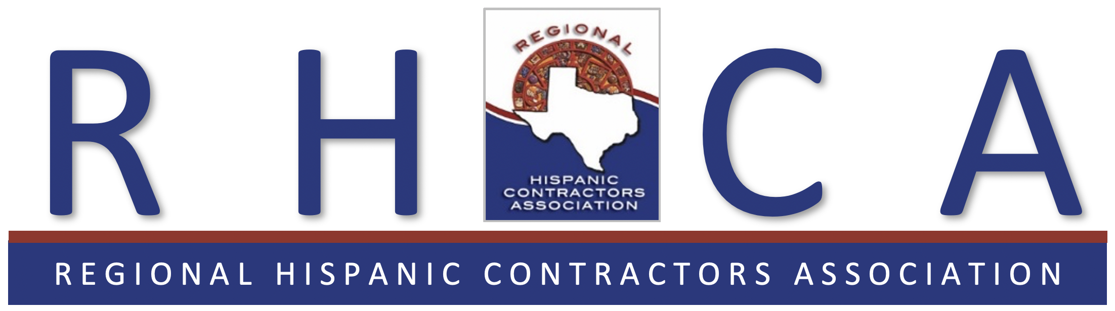 The logo for the Regional Hispanic Contractors Association with blue letters "RHCA" beside an image of Texas in red, white, and blue.