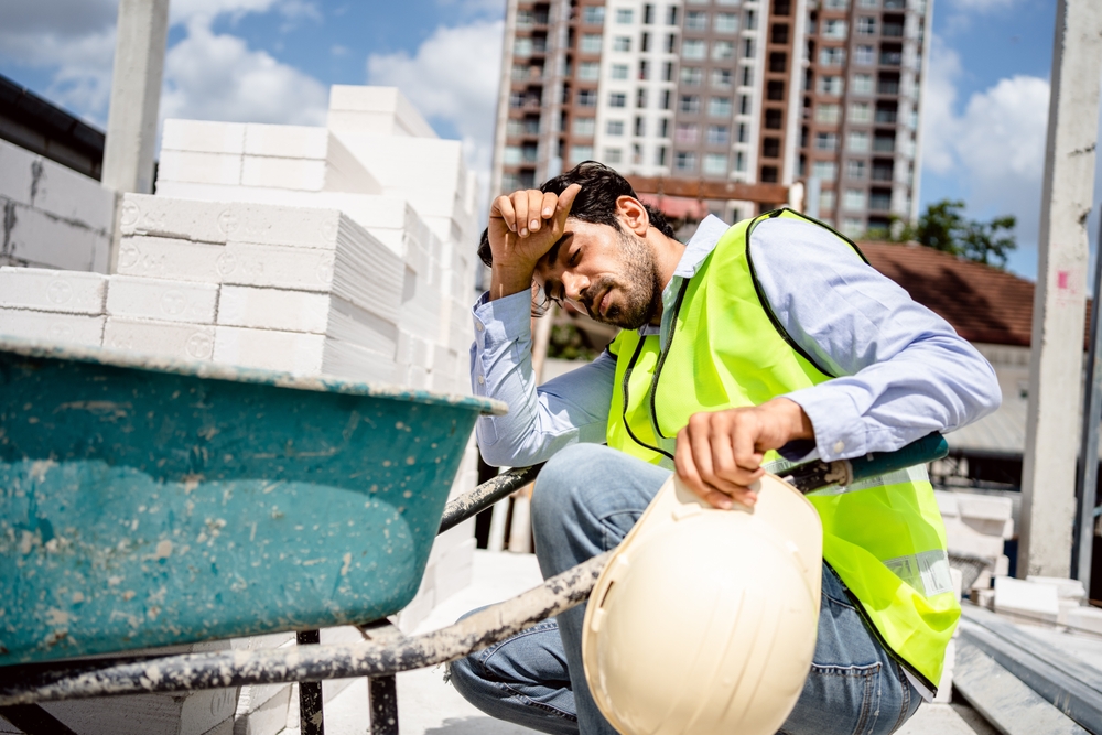 A construction worker in a safety vest crouching next to a wheelbarrow, holding a hard hat and wiping his forehead in exhaustion, with buildings in the background