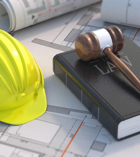 hardhat and gavel on notebook on top of construction plans