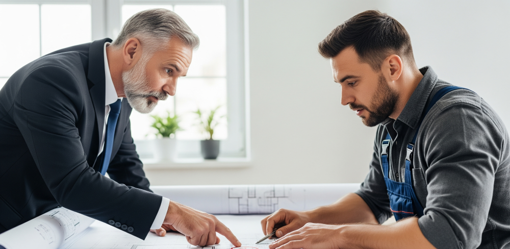 Construction lawyer and construction worker reviewing blueprints at a desk pointing at architectural plans
