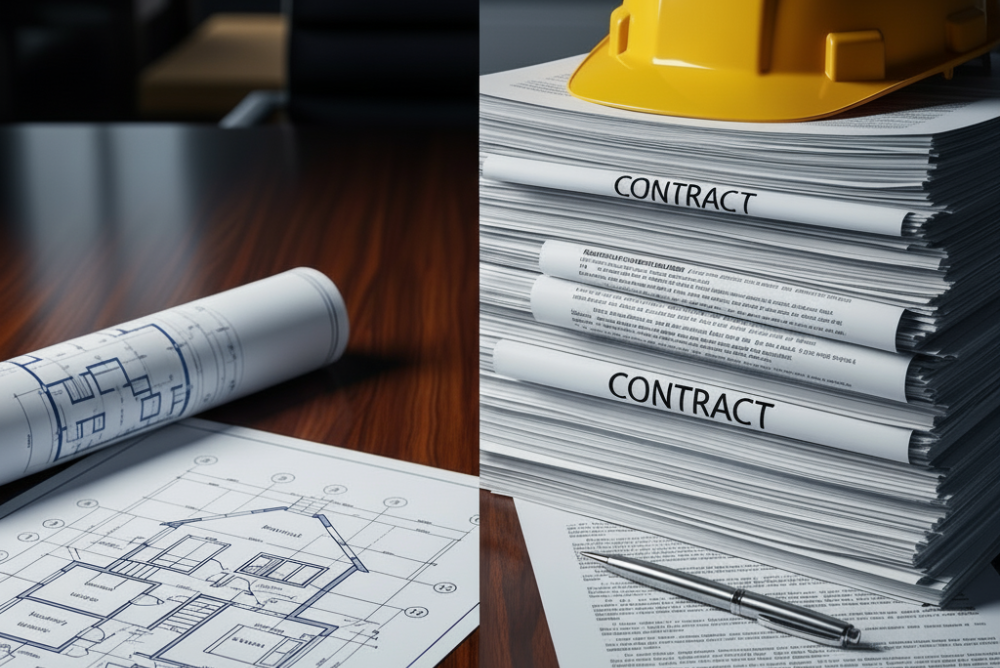 A stack of construction contracts with a hard hat, next to a house blueprint