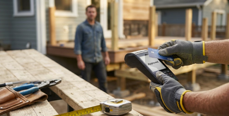 Contractor accepting a card payment at a residential deck construction site.