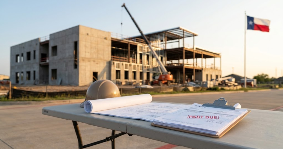 Past-due invoice on a clipboard beside a hard hat and blueprints at a Texas public building under construction, with a Texas flag in the background.