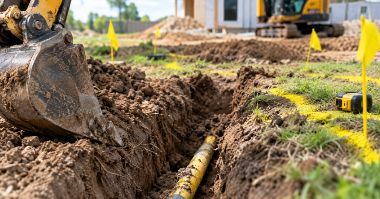 Excavator bucket beside a trench exposing a yellow underground gas line marked with yellow locate flags on a residential job site.