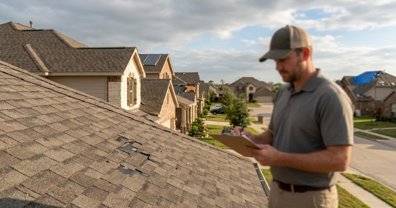 A Texas roofing contractor inspecting hail-damaged shingles on a residential roof, with a tarped storm-damaged home in the background.
